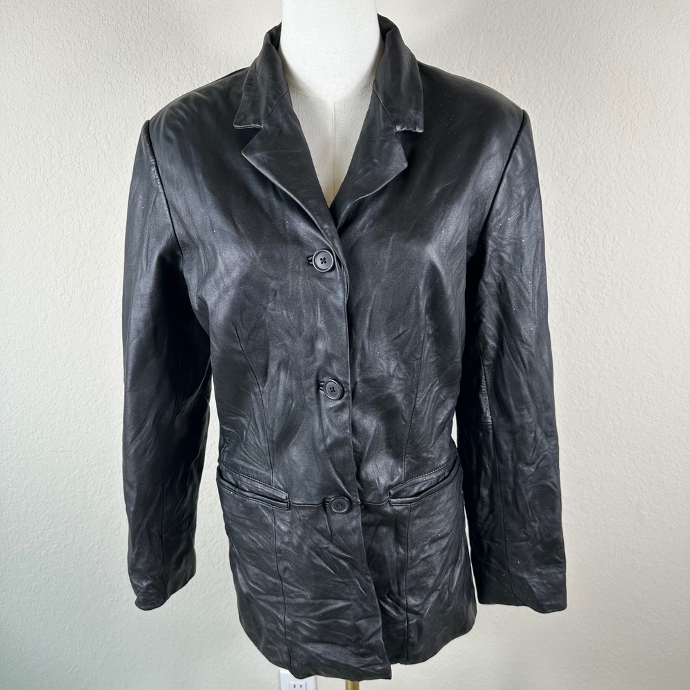 Preston York Lambskin Leather Jacket S Black Sparkle 3 Button Blazer Grunge 90s